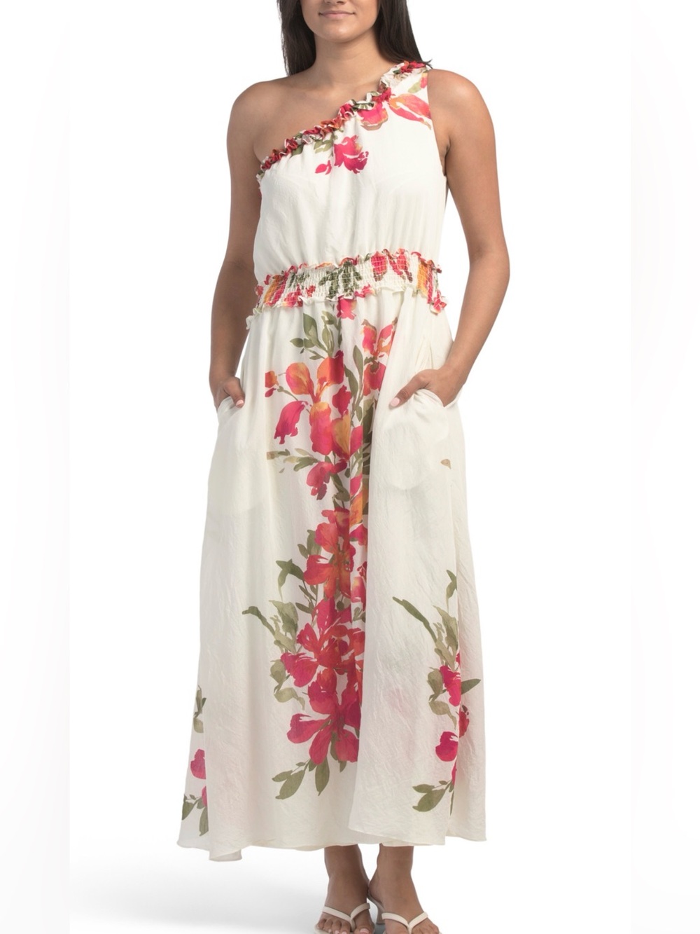 One-Shoulder White Floral Maxi Dress